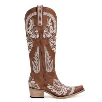 Western Cowboy Boots for Women Embroidered Rhinestones Knee High Cowgirl Boots Pointed Toe Chunky Heel Fashion Retro Classic Tall Boot
