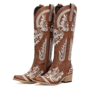 Western Cowboy Boots for Women Embroidered Rhinestones Knee High Cowgirl Boots Pointed Toe Chunky Heel Fashion Retro Classic Tall Boot