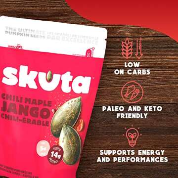 Dry Roasted Pumpkin Seeds with Antioxidants, Made from Raw Pumpkin Seeds, High Fiber and High Protein Keto-Friendly Paleo Snacks, Chili Maple Jango Flavor, Pack of 6 - Skuta Pumpkin