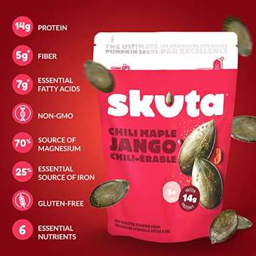 Dry Roasted Pumpkin Seeds with Antioxidants, Made from Raw Pumpkin Seeds, High Fiber and High Protein Keto-Friendly Paleo Snacks, Chili Maple Jango Flavor, Pack of 6 - Skuta Pumpkin
