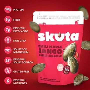Dry Roasted Pumpkin Seeds with Antioxidants, Made from Raw Pumpkin Seeds, High Fiber and High Protein Keto-Friendly Paleo Snacks, Chili Maple Jango Flavor, Pack of 6 - Skuta Pumpkin