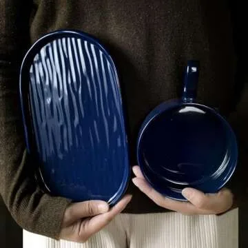 Wareland Soup Bowl with Handle & Salad Plate, Soup and Sandwich Plate Combo, 18oz Soup Mug/Cup for Cereal, Ceramic Pasta Plate for Appetizer, Dessert, Rice, Dishwasher & Microwave Safe, Navy Blue