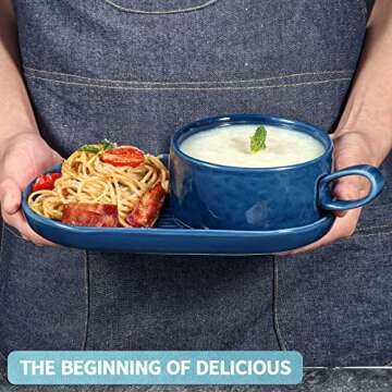 Wareland Soup Bowl with Handle & Salad Plate, Soup and Sandwich Plate Combo, 18oz Soup Mug/Cup for Cereal, Ceramic Pasta Plate for Appetizer, Dessert, Rice, Dishwasher & Microwave Safe, Navy Blue