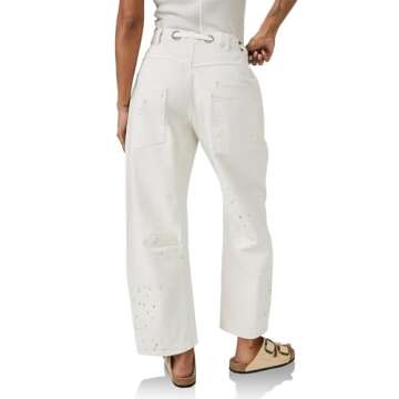 PLNOTME Womens Baggy Barrel Horseshoe Jeans Wide Leg Patchwork Low Rise Denim Pants with Pockets White