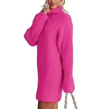 BTFBM Women's Turtleneck Long Sleeve Sweaters Ribbed Knit Oversized 2024 Fall Winter Pullover Sweater Hot Pink Dresses(Solid Rose Red, Medium)