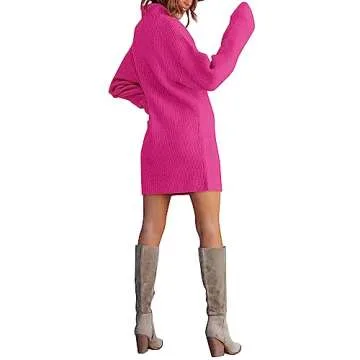 BTFBM Women's Turtleneck Long Sleeve Sweaters Ribbed Knit Oversized 2024 Fall Winter Pullover Sweater Hot Pink Dresses(Solid Rose Red, Medium)