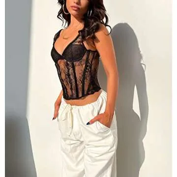 ROAONOCOMO Women See Through Sheer Mesh Crop Tops Sexy Lace Slim Fit Shirt Low Cut Square Neck Cut Out Blouse Streetwear A-Black