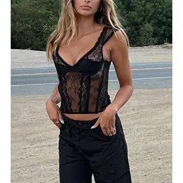 ROAONOCOMO Women See Through Sheer Mesh Crop Tops Sexy Lace Slim Fit Shirt Low Cut Square Neck Cut Out Blouse Streetwear A-Black