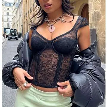 ROAONOCOMO Women See Through Sheer Mesh Crop Tops Sexy Lace Slim Fit Shirt Low Cut Square Neck Cut Out Blouse Streetwear A-Black