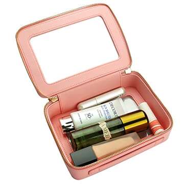 Clear Makeup Bag Pink Leather Cosmetic Bag with Dual Round Zipper, Transparent Pink Cosmetic Bag for...