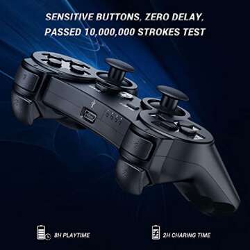 OKHAHA Controller 2 Pack for PS3 Wireless Controller for Sony Playstation 3, Double Shock 3, Bluetooth, Rechargeable, Motion Sensor, Remote for PS3 (No Stripes(Black + Black))