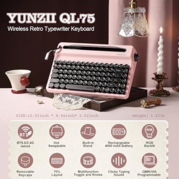 YUNZII QL75 Wireless Typewriter Hot Swap Retro Mechanical Keyboard,Punk Round Keycaps,RGB Backlit QM...