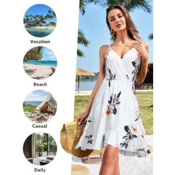 ULTRANICE Womens Summer Dresses 2024 Sundresses Spring Trendy White Floral Flowy Wrap Casual Beach Wedding Guest Vestidos Vacation Outfits Clothes V Neck Spaghetti Strap Midi Dress(White Floral,L)