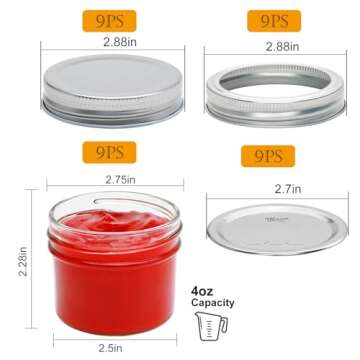Brajttt Small Mason Jars, 4oz Glass Mason Jar with Regular Lids 9 Pack,Mini Jam Jars for Jelly, Jam, Honey, Dessert, Spice, Wedding Favor