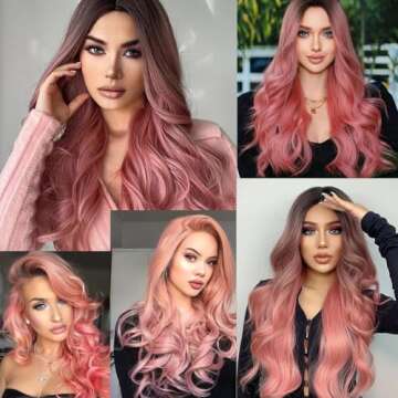 HILYN Hair Dark Rooted Ombre Pink 2 Tone color Lace Front Wigs Long Deep Curly Loose Wave Wig Synthetic Heat Resistant Fiber Hair Glueless lace Wig With Baby Hair Natural Hairline for Women 24 Inch