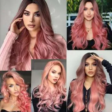 HILYN Hair Dark Rooted Ombre Pink 2 Tone color Lace Front Wigs Long Deep Curly Loose Wave Wig Synthetic Heat Resistant Fiber Hair Glueless lace Wig With Baby Hair Natural Hairline for Women 24 Inch