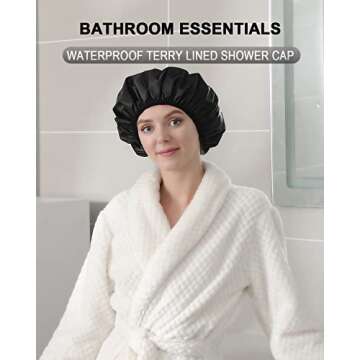 YIZIJIZI Terry Lined Shower Cap,Triple Layer Large Cap for Women,Shower Cap Reusable Waterproof,Long Thick Hair(Black)