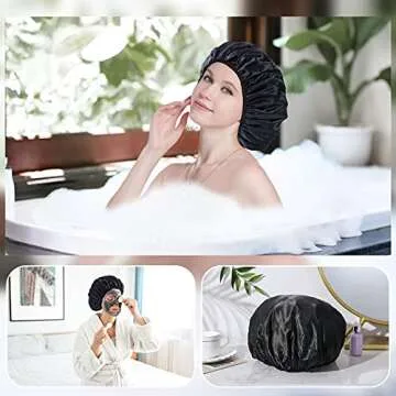 YIZIJIZI Terry Lined Shower Cap,Triple Layer Large Cap for Women,Shower Cap Reusable Waterproof,Long Thick Hair(Black)