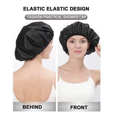 YIZIJIZI Terry Lined Shower Cap,Triple Layer Large Cap for Women,Shower Cap Reusable Waterproof,Long Thick Hair(Black)