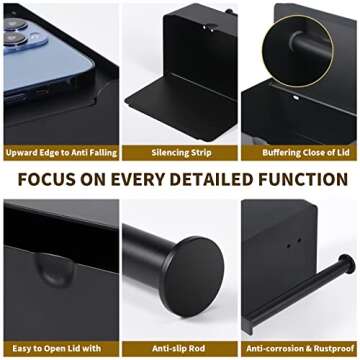 LAYUKI Toilet Paper Holder with Shelf, Wipe Holder for Bathroom, Large, Stainless Steel, Wall Mounted, Matt Black, Upgraded Toilet Paper Holder