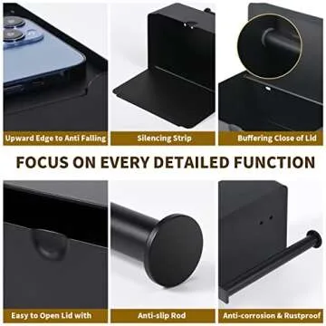 LAYUKI Toilet Paper Holder with Shelf, Wipe Holder for Bathroom, Large, Stainless Steel, Wall Mounted, Matt Black, Upgraded Toilet Paper Holder