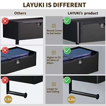 LAYUKI Toilet Paper Holder with Shelf, Wipe Holder for Bathroom, Large, Stainless Steel, Wall Mounted, Matt Black, Upgraded Toilet Paper Holder