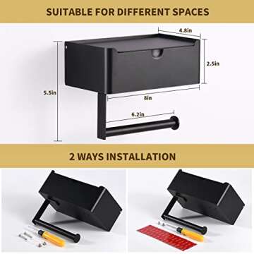 LAYUKI Toilet Paper Holder with Shelf, Wipe Holder for Bathroom, Large, Stainless Steel, Wall Mounted, Matt Black, Upgraded Toilet Paper Holder