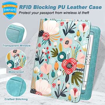 DMLuna Passport Holder Premium PU Leather Travel Passport Wallet RFID Blocking Passport Cover Case Travel Documents Organizer with Pen Holder, for Women and Men, Hill Flower