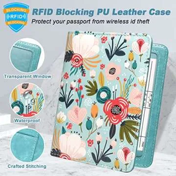 DMLuna Passport Holder Premium PU Leather Travel Passport Wallet RFID Blocking Passport Cover Case Travel Documents Organizer with Pen Holder, for Women and Men, Hill Flower