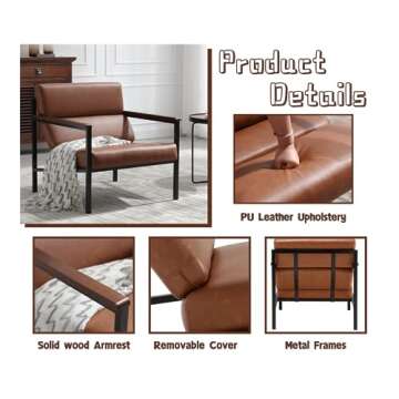 EALSON Mid Century Modern Accent Chair Comfy Armchair with Metal Frame Upholstered Leather Lounge Chair Single Sofa Chair with Wood Armrest for Living Room/Bedroom/Reception Room, Brown