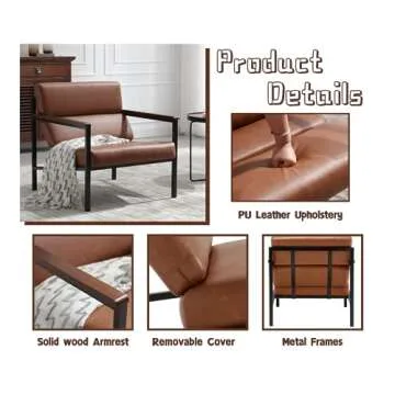 EALSON Mid Century Modern Accent Chair Comfy Armchair with Metal Frame Upholstered Leather Lounge Chair Single Sofa Chair with Wood Armrest for Living Room/Bedroom/Reception Room, Brown