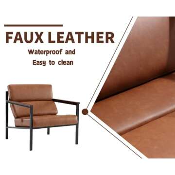 EALSON Mid Century Modern Accent Chair Comfy Armchair with Metal Frame Upholstered Leather Lounge Chair Single Sofa Chair with Wood Armrest for Living Room/Bedroom/Reception Room, Brown