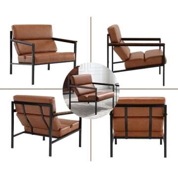 EALSON Mid Century Modern Accent Chair Comfy Armchair with Metal Frame Upholstered Leather Lounge Chair Single Sofa Chair with Wood Armrest for Living Room/Bedroom/Reception Room, Brown