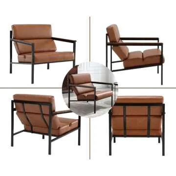 EALSON Mid Century Modern Accent Chair Comfy Armchair with Metal Frame Upholstered Leather Lounge Chair Single Sofa Chair with Wood Armrest for Living Room/Bedroom/Reception Room, Brown