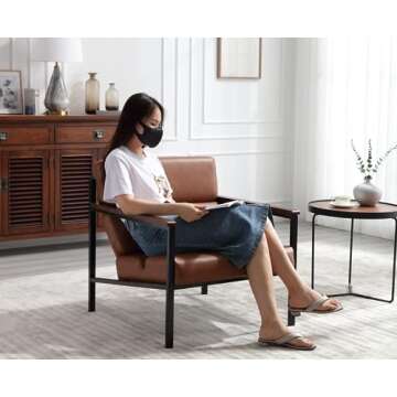 EALSON Mid Century Modern Accent Chair Comfy Armchair with Metal Frame Upholstered Leather Lounge Chair Single Sofa Chair with Wood Armrest for Living Room/Bedroom/Reception Room, Brown