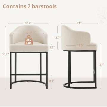LUE BONA 27" H Counter Height Bar Stools Set of 2, Modern Counter Stools with Curved Backrest and Ar...