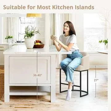 LUE BONA 27" H Counter Height Bar Stools Set of 2, Modern Counter Stools with Curved Backrest and Arms, Black Metal Frames, Linen Fabric Upholstered Barstools for Kitchen Island, Home Bar, Line Color