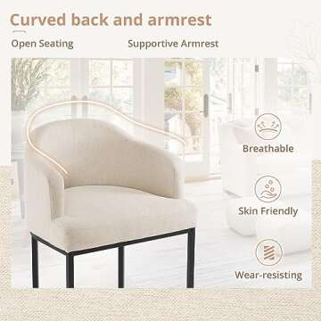 LUE BONA 27" H Counter Height Bar Stools Set of 2, Modern Counter Stools with Curved Backrest and Arms, Black Metal Frames, Linen Fabric Upholstered Barstools for Kitchen Island, Home Bar, Line Color