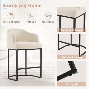 LUE BONA 27" H Counter Height Bar Stools Set of 2, Modern Counter Stools with Curved Backrest and Arms, Black Metal Frames, Linen Fabric Upholstered Barstools for Kitchen Island, Home Bar, Line Color