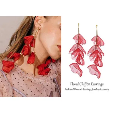 Long Floral Earrings Christmas Earrings Red Chiffon Earrings for Women Tiered Flower Statement Tassel Earrings Chandelier Drop Dangle Earrings for Daily Dresses Wedding Holiday Party