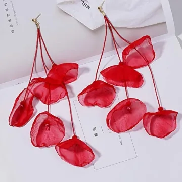 Long Floral Earrings Christmas Earrings Red Chiffon Earrings for Women Tiered Flower Statement Tassel Earrings Chandelier Drop Dangle Earrings for Daily Dresses Wedding Holiday Party