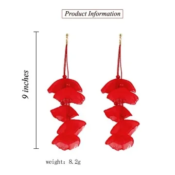 Long Floral Earrings Christmas Earrings Red Chiffon Earrings for Women Tiered Flower Statement Tassel Earrings Chandelier Drop Dangle Earrings for Daily Dresses Wedding Holiday Party