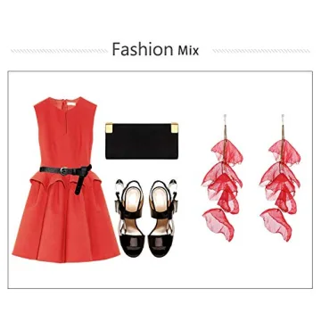 Long Floral Earrings Christmas Earrings Red Chiffon Earrings for Women Tiered Flower Statement Tassel Earrings Chandelier Drop Dangle Earrings for Daily Dresses Wedding Holiday Party