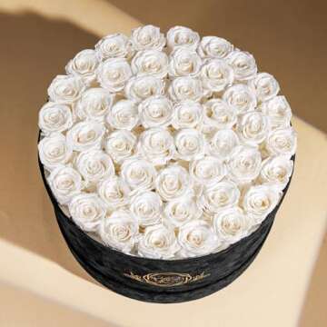 Valentines Day Gifts for Her, Flowers for Delivery Prime - 47-Piece Roses in a Luxury Suede Box - Real Preserved Flowers - Birthday Gifts for Women - Mothers Day Flowers for Mom (Pure White)