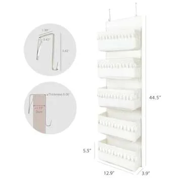 Dahey Over The Door Organizer Boho Nursery Storage Decor Closet Hanging Organizer with Tassels Decoration for Bedroom Nursery Bathroom Apartments Dorm Pantry, 5 Pockets, White
