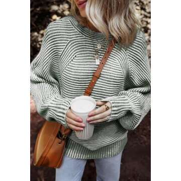 EVALESS Fall Outfits for Women 2024 Long Sleeve Striped Sweaters Lightweight Pullover Green Sweater ...