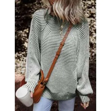 EVALESS Fall Outfits for Women 2024 Long Sleeve Striped Sweaters Lightweight Pullover Green Sweater Winter Clothes Dressy Casual Oversized Boat Neck Sweatshirts Cozy Cashmere Cable Knit Tops, X-Large