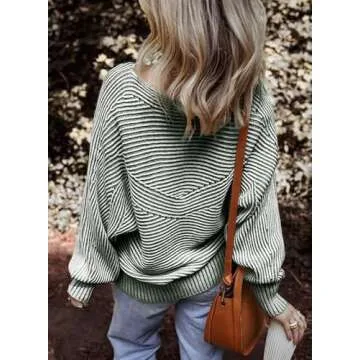 EVALESS Fall Outfits for Women 2024 Long Sleeve Striped Sweaters Lightweight Pullover Green Sweater Winter Clothes Dressy Casual Oversized Boat Neck Sweatshirts Cozy Cashmere Cable Knit Tops, X-Large