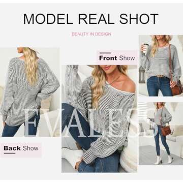 EVALESS Fall Outfits for Women 2024 Long Sleeve Striped Sweaters Lightweight Pullover Green Sweater Winter Clothes Dressy Casual Oversized Boat Neck Sweatshirts Cozy Cashmere Cable Knit Tops, X-Large