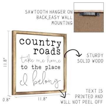 MODE HOME 12" x 12" Country Roads Take Me Home Wood Framed Wall Sign for Farmhouse Decor